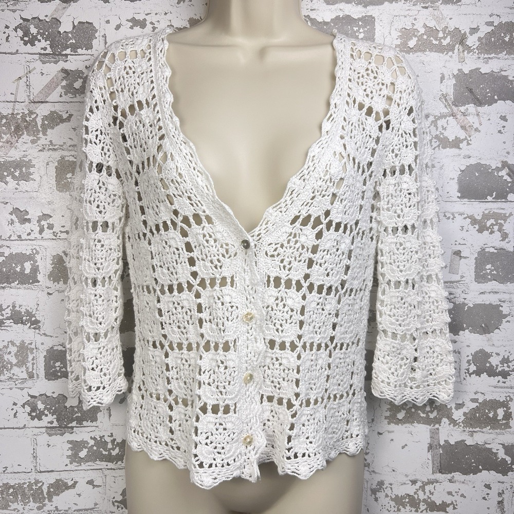 J Jill Hand Crochet Cardigan Sweater PXS White Linen Cotton Abalone Buttons